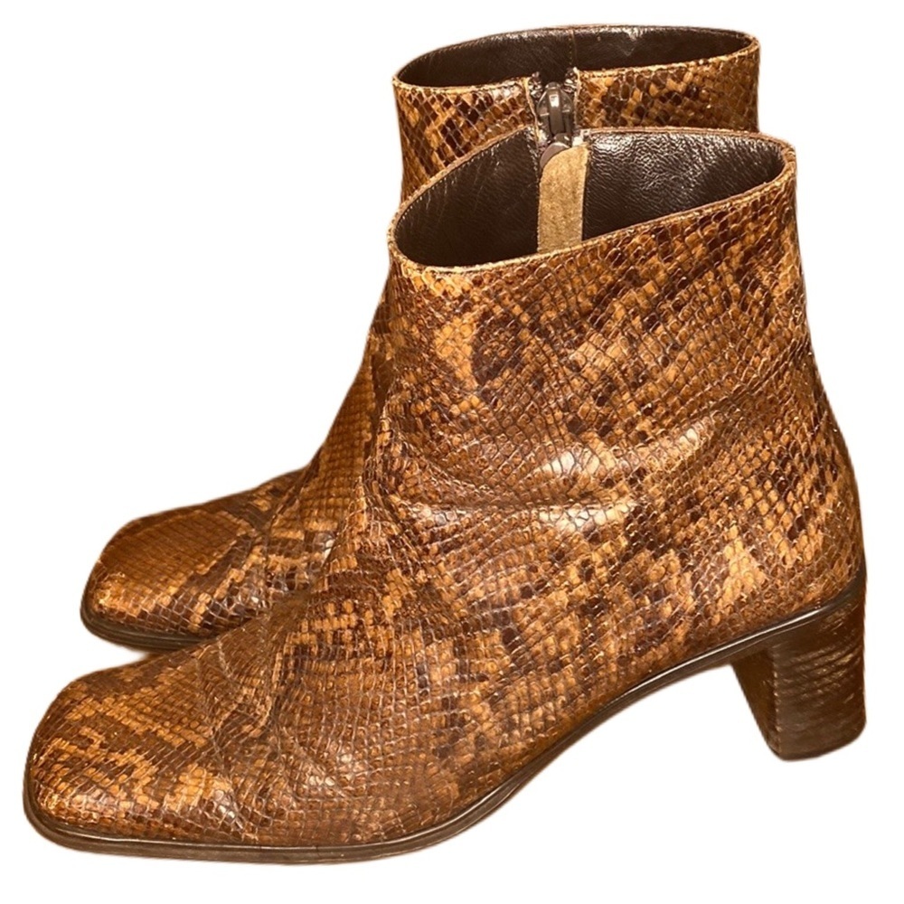 Via Spiga Snakeskin Brown Leather Zip Ankle Boots Booties Square Toe Italy Sz 9